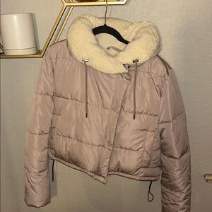 Women's Pink Puffer Jacket with Faux Shearling Collar